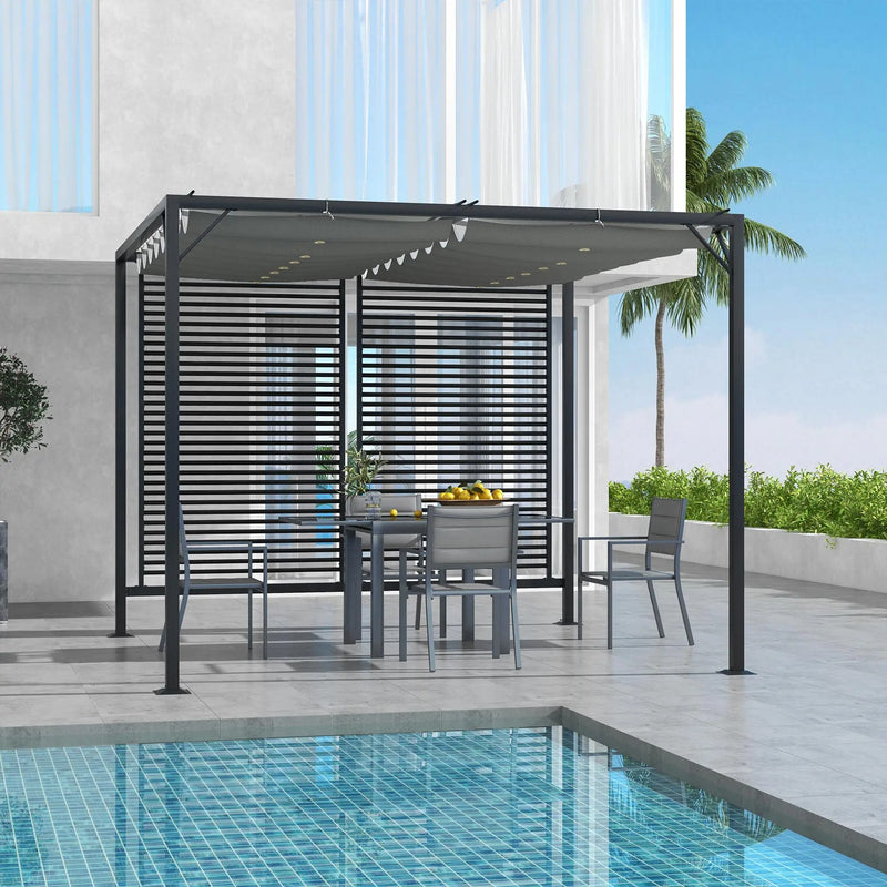 Metal Pergola, Retractable Fabric Roof, Slatted Side Panel, 3 x 2.8m, Grey