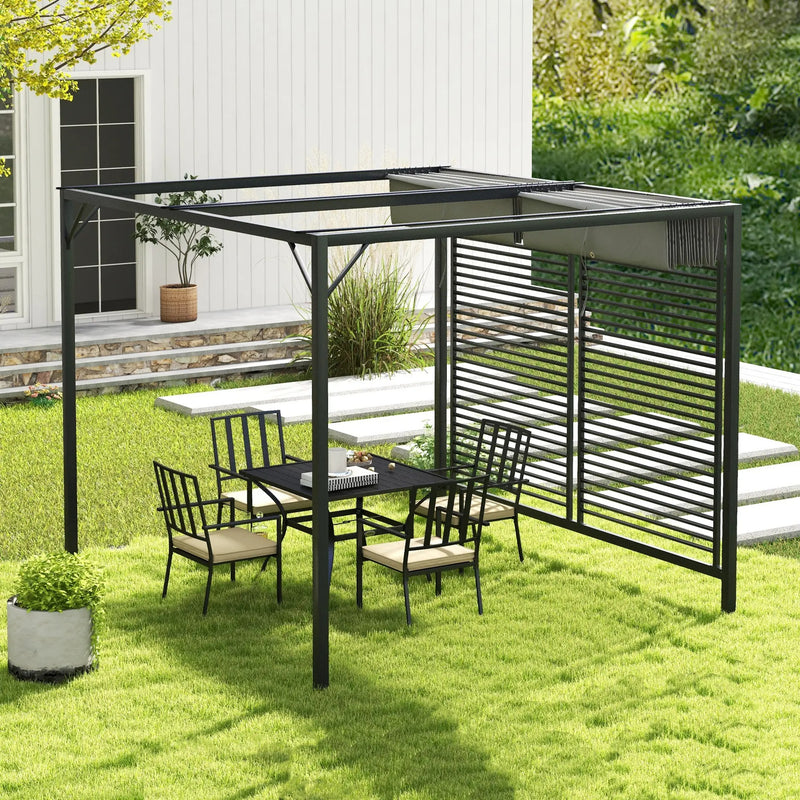 Metal Pergola, Retractable Fabric Roof, Slatted Side Panel, 3 x 2.8m, Grey