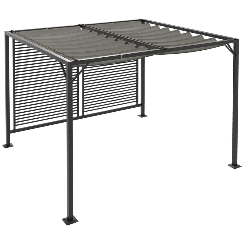 Metal Pergola, Retractable Fabric Roof, Slatted Side Panel, 3 x 2.8m, Grey