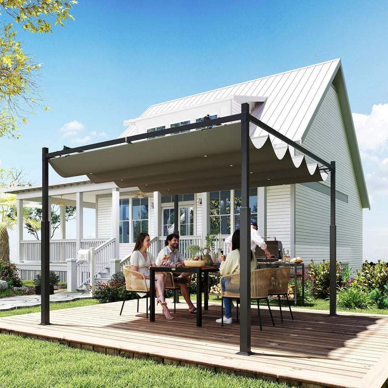 Metal Pergola, Retractable Sliding Canopy Roof, 3 x 3m, Freestanding, Grey