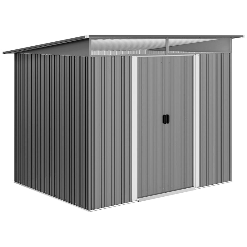 Metal storage shed with a gray exterior and white trim