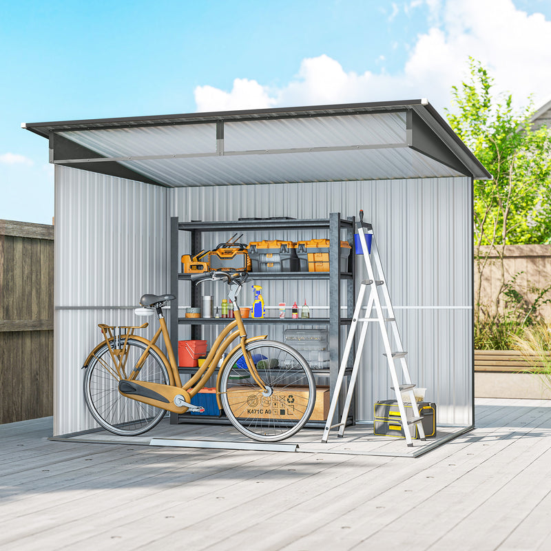 Metal storage shed with bicycle, ladder, and shelves outdoors on a clear day.