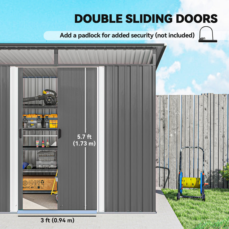 Metal storage shed with double sliding doors, showing dimensions and security information.