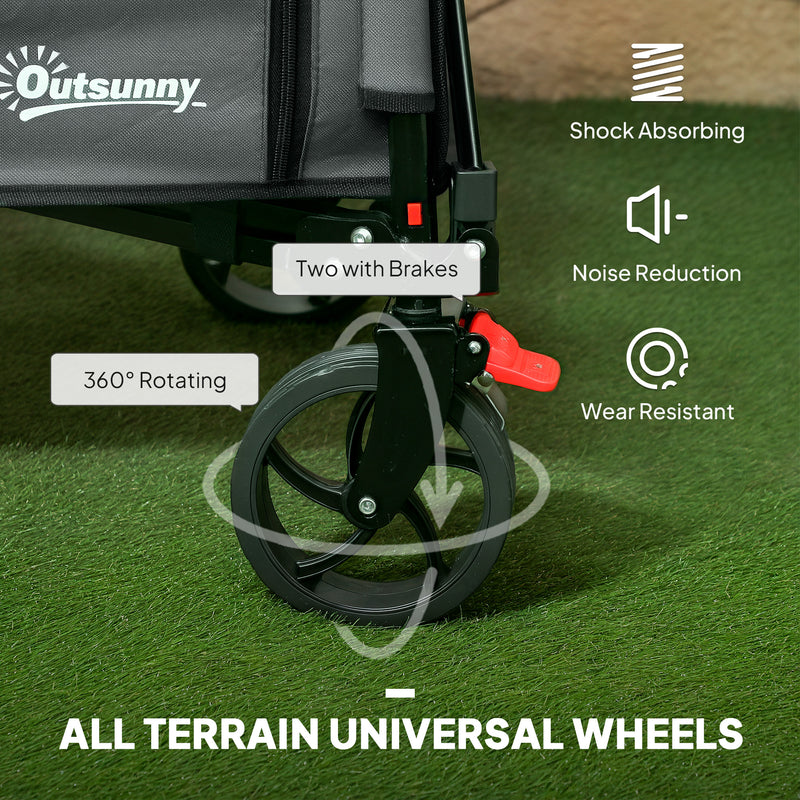 Grey 150L Folding Trolley Wagon with Wheels Brakes and Adjustable Handle by Outsunny