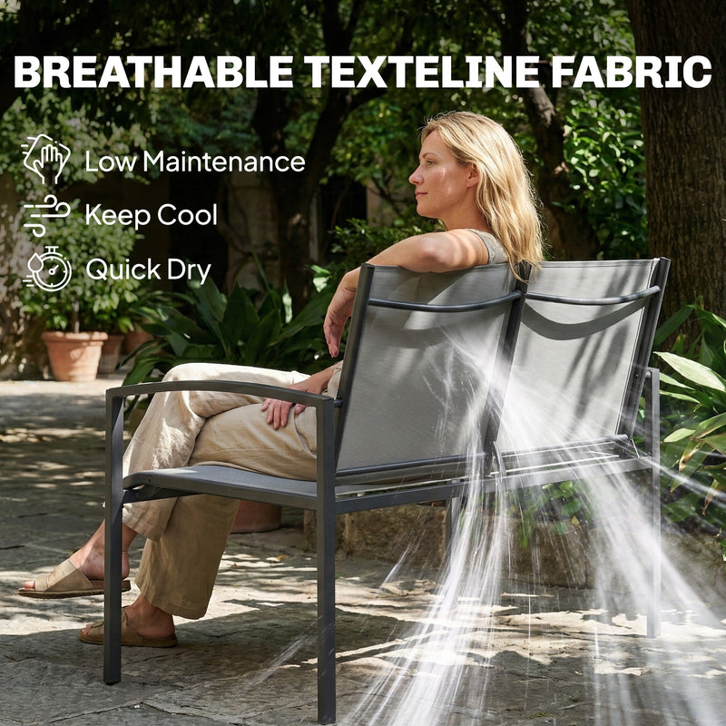 2 Seater Garden Bench for Small Spaces with Quick Dry Mesh Seat and Curved Backrest, Grey