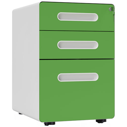 3 Drawer Steel Filing Cabinet with Lock and Wheels for A4 Legal Files, Green