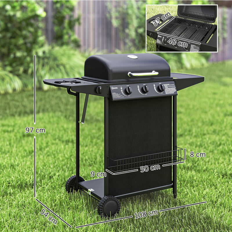 3 Plus 1 Burner Gas BBQ Grill with Thermometer Side Table and Wheels in Black by Outsunny