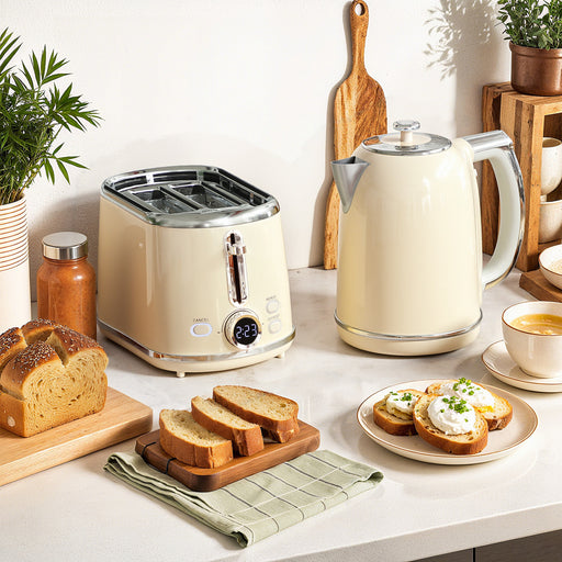 Retro Style Kettle and Toaster Set with Adjustable Temperature Perfect for Any Kitchen Cream