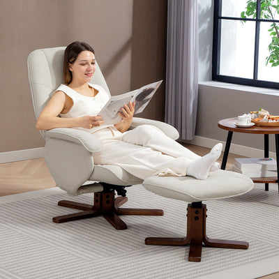 Linen Swivel Recliner Armchair with Footstool and Wooden Base for Living Room Comfort Beige