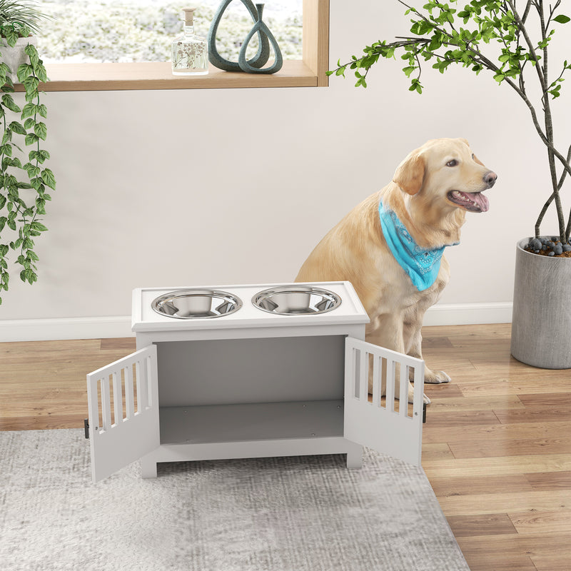 Raised Dog Feeding Station With Storage For Food And Water Bowls For Large Pets, White