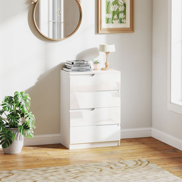 White Chest of 4 Drawers with High Gloss Front for Bedroom or Living Room by HOMCOM