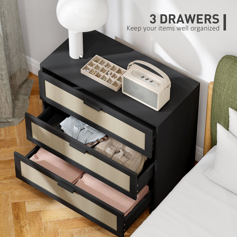 3 Drawer Rattan Chest of Drawers Boho Storage Unit for Bedroom or Hallway, Black