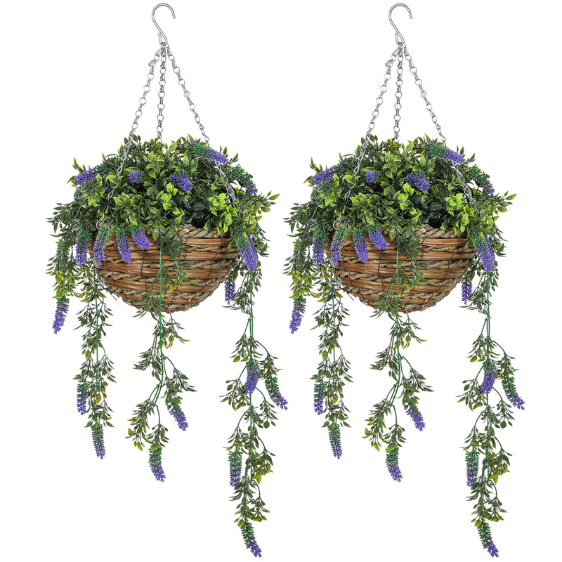 Set of 2 Artificial Lavender Plants in Hanging Baskets Faux Silk Flowers for Indoor Outdoor Decor by HOMCOM