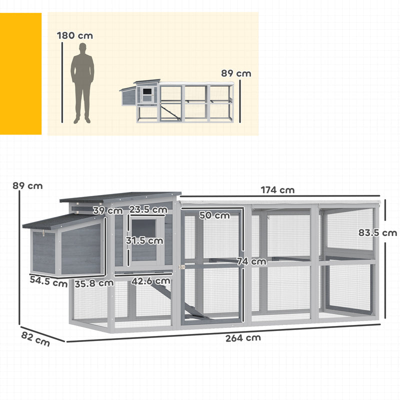 Chicken Coop for 3 to 4 Hens with Easy Clean Tray and Secure Outdoor Run Grey AOSOM