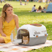 Plastic Pet Carrier with Secure Steel Door and Feeding Bowl for Cats and Small Dogs Grey