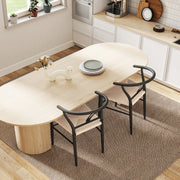 Set of 2 Black Beige Weave Dining Chairs with Y Backrest and Comfy Hemp Seat