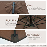 Brown 2.45m Cantilever Garden Parasol Waterproof Overhanging Umbrella With Cross Base