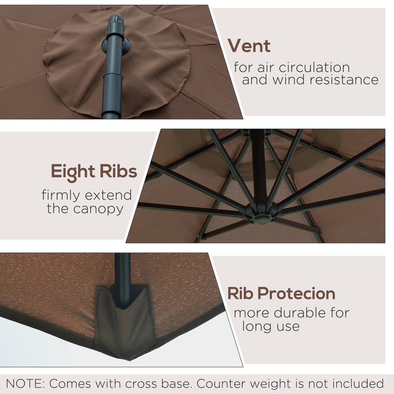 Brown 2.45m Cantilever Garden Parasol Waterproof Overhanging Umbrella With Cross Base