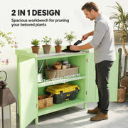 Wooden Garden Storage Cabinet With Galvanised Worktop and Shelves for Outdoor Tools Green Outsunny