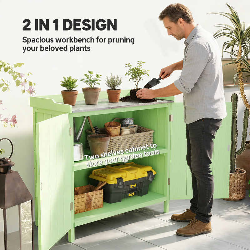Wooden Garden Storage Cabinet With Galvanised Worktop and Shelves for Outdoor Tools Green Outsunny