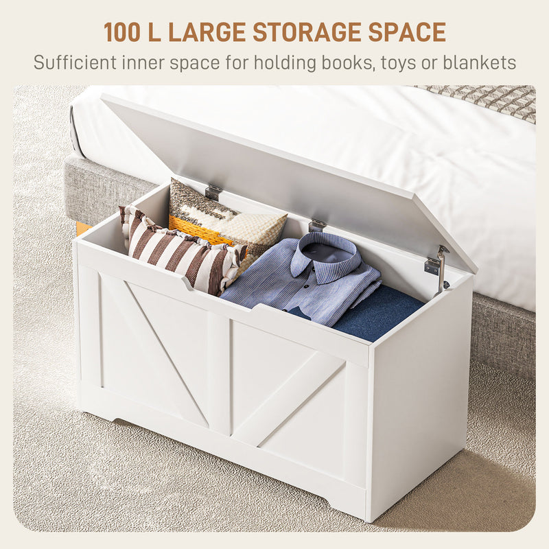White Wooden 100L Storage Box with Safety Hinges for Home Organisation by HOMCOM