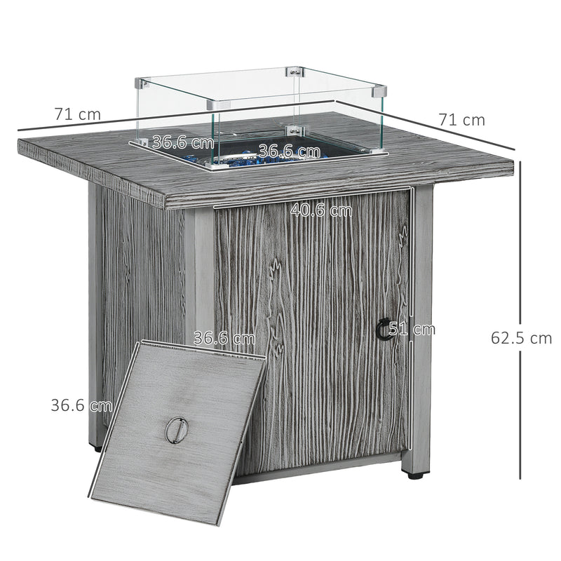 Grey Square Gas Fire Pit Table 71cm with Glass Screen and Cover for Outdoor Heating 50000 BTU