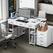 White 120cm Computer Desk with Power Outlets 3 Drawers and 4 Storage Shelves for Home Office