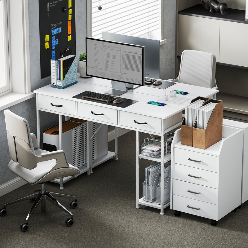White 120cm Computer Desk with Power Outlets 3 Drawers and 4 Storage Shelves for Home Office