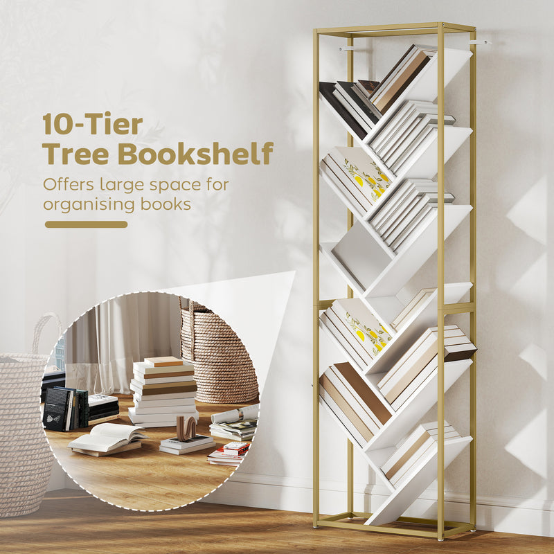 Modern Bookcase For Living Room Organisation - 10 Tiers - Gold Metal Frame With Angled White Shelves Homcom