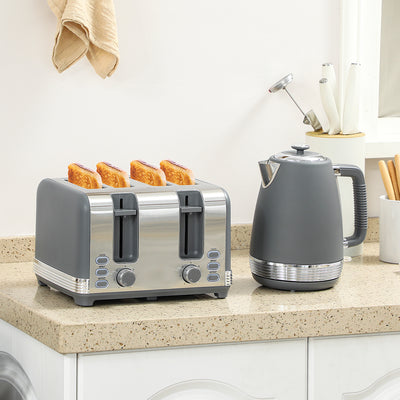 Stainless Steel Kettle and 4 Slice Toaster Set with Rapid Boil and Browning Control, Grey
