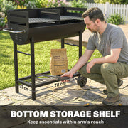 Half Drum Charcoal BBQ Grill Trolley with 2 Cooking Zones for Easy Family Barbecues Black Outsunny
