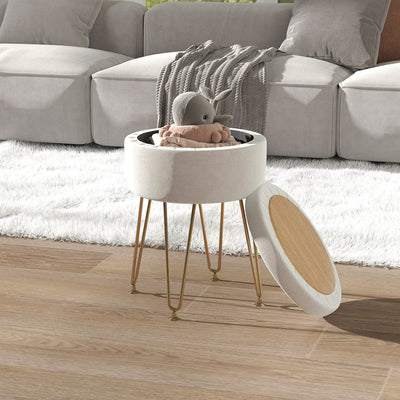 Round Storage Ottoman Footstool Cream White With Gold Hairpin Legs 5L Velvet Feel by HOMCOM Homcom