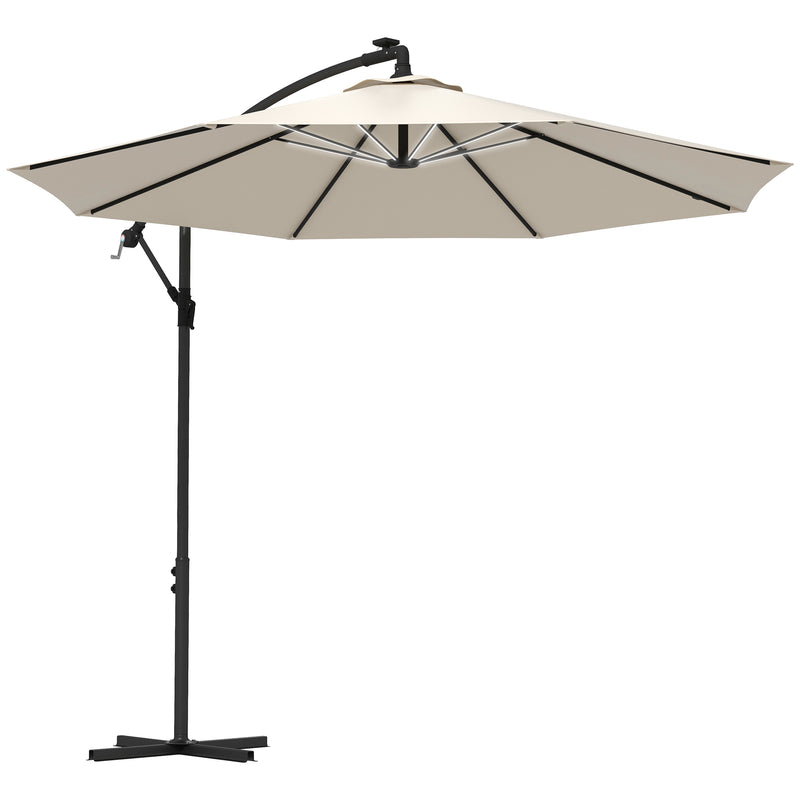 Beige 3m Cantilever Garden Parasol With Solar LED Lights For Shaded Outdoor Relaxing