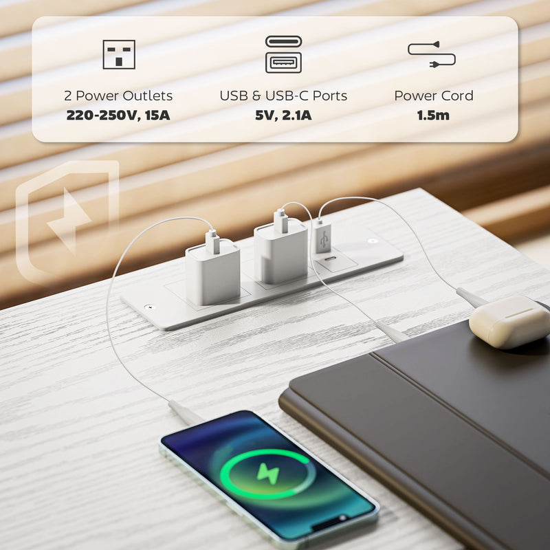 White 120cm Computer Desk with Power Outlets 3 Drawers and 4 Storage Shelves for Home Office