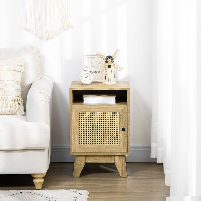 Slim Rattan Nightstand Side Table With Storage Shelf And Cupboard For Bedroom Natural