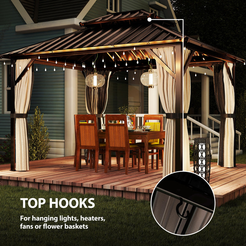 Permanent Garden Gazebo with 2 Tier Steel Roof, Curtains and Netting for Year Round Shelter and Privacy, Brown & Black