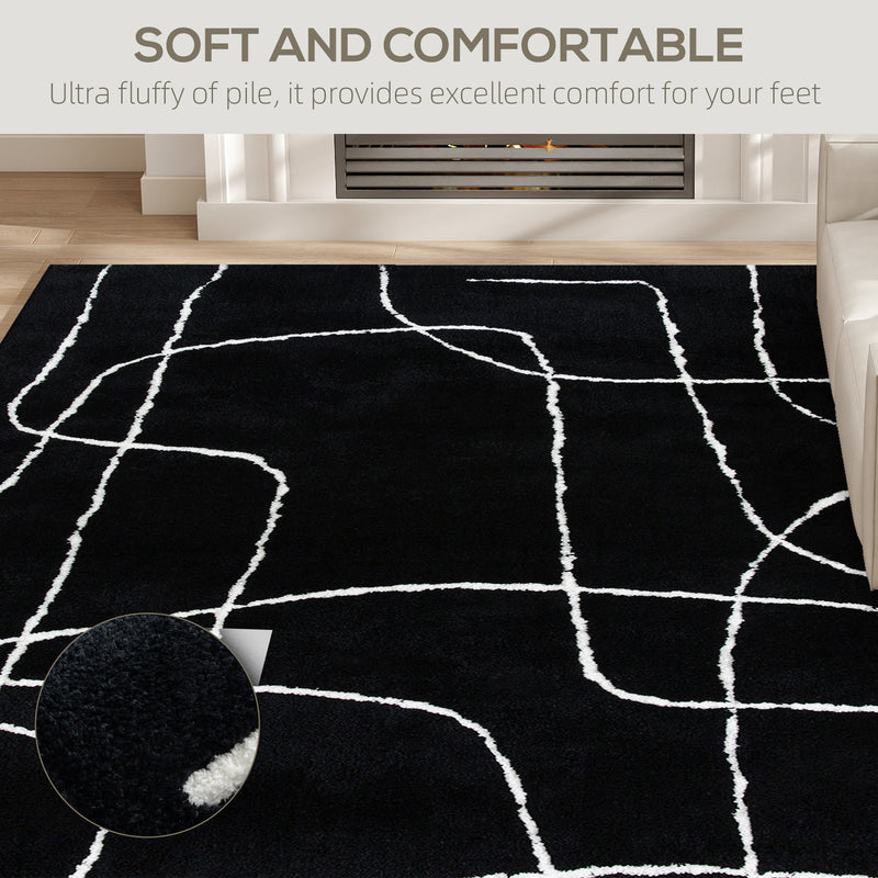 Soft High Pile Washable Area Rug With Geometric Design For Living Room or Bedroom, Black