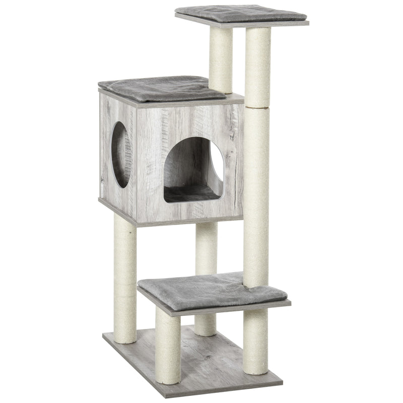 Cat Tree Tower With Jute Scratching Posts And Activity Centre For Large Cats 113cm Grey AOSOM