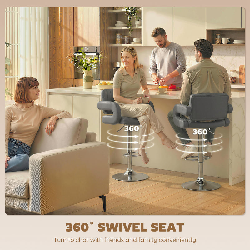 HOMCOM Bar Stools Adjustable Swivel Kitchen Chairs with Backrest Armrest Set of 2 PU Leather Grey AOSOM