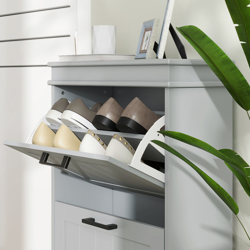 Two Drawer Shoe Storage Cabinet Holds Up To 10 Pairs Ideal for Hallways Grey