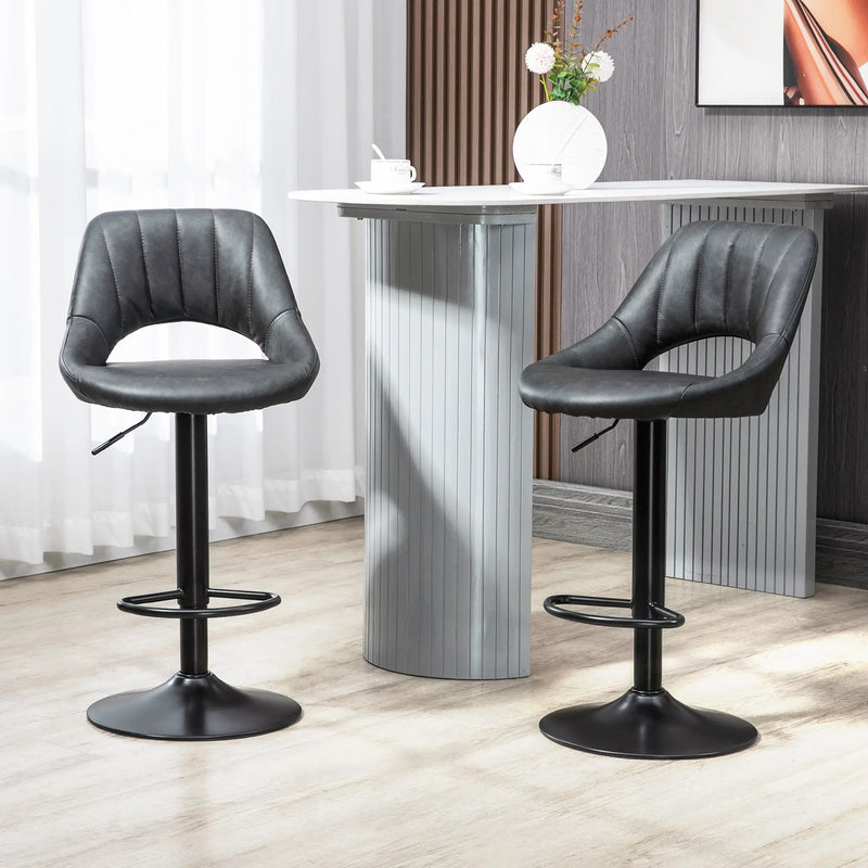 Modern Adjustable Bar Stools With Backs Kitchen Island Seating Grey Faux Leather, Set of 2 Homcom