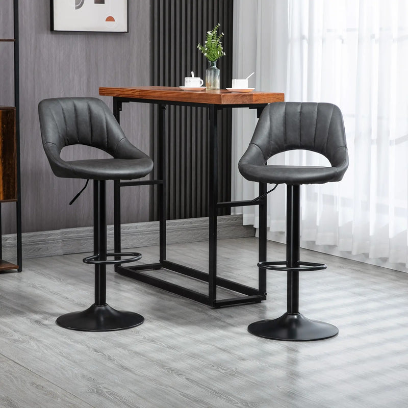 Modern Adjustable Bar Stools With Backs Kitchen Island Seating Grey Faux Leather, Set of 2 Homcom