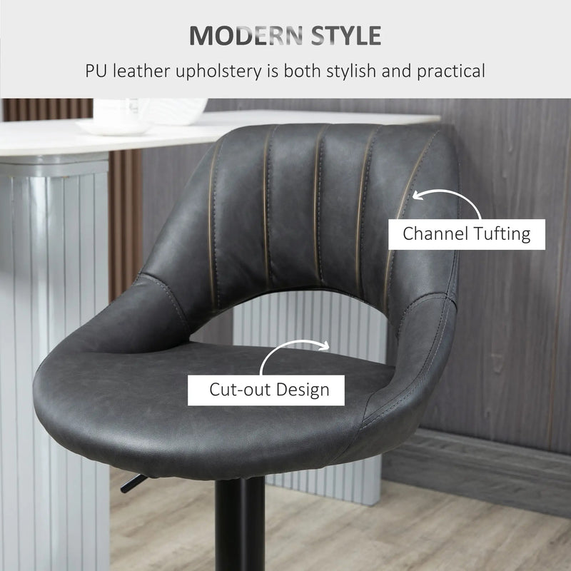 Modern Adjustable Bar Stools With Backs Kitchen Island Seating Grey Faux Leather, Set of 2 Homcom
