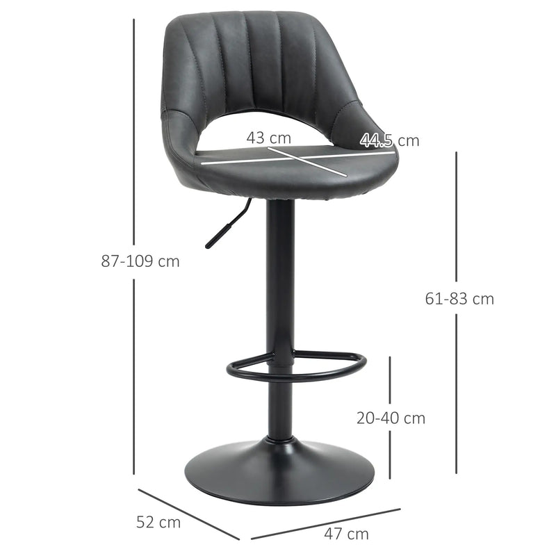 Modern Adjustable Bar Stools With Backs Kitchen Island Seating Grey Faux Leather, Set of 2 Homcom