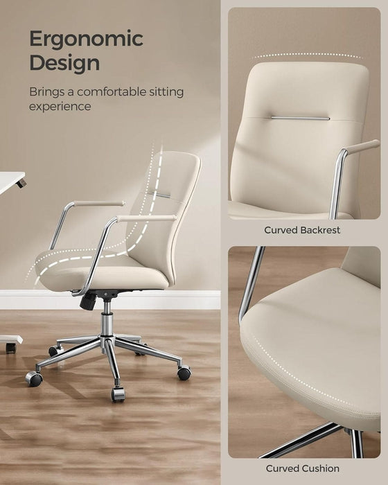 Image of a modern office chair with wheels wrapped in beige faux leather with arms on a chrome swivel base with wheels. The chair looks modern and stylish.