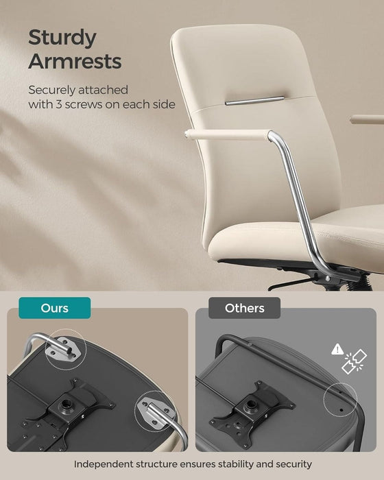 Image of a modern office chair with wheels wrapped in beige faux leather with arms on a chrome swivel base with wheels. The chair looks modern and stylish.