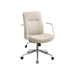 Image of a modern office chair with wheels wrapped in beige faux leather with arms on a chrome swivel base with wheels. The chair looks modern and stylish.