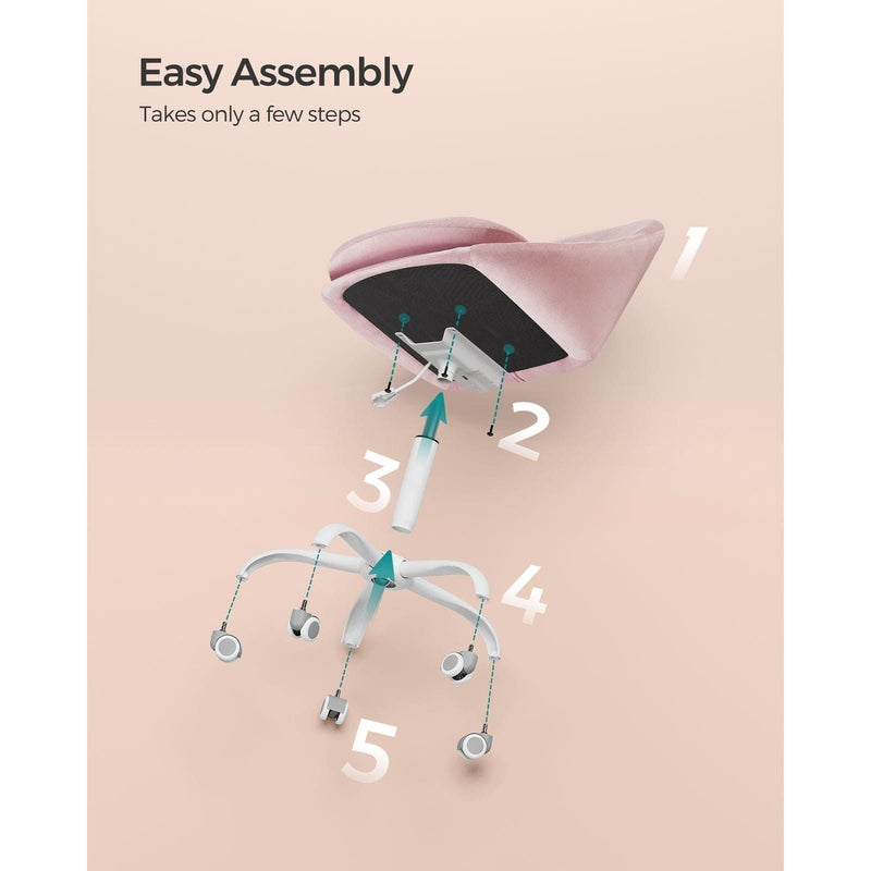 Image of a Modern Velvet Office Chair With Wheels. This is pink with white swivel wheels.