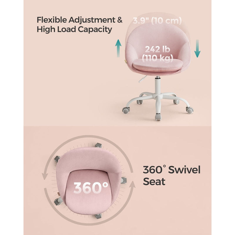 Image of a Modern Velvet Office Chair With Wheels. This is pink with white swivel wheels.