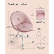 Image of a Modern Velvet Office Chair With Wheels. This is pink with white swivel wheels.